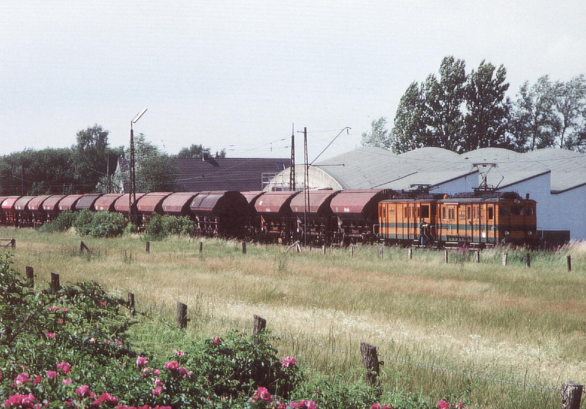 Und so sehen die Getreidezüge bei der Extertalbahn aus
Barntrup, 2000-06-23
Auf der Grünfläche im Vordergrund lagen bis vor wenigen
Jahren die Gleise Richtung Hameln
(Foto: Gottfried Spicher)